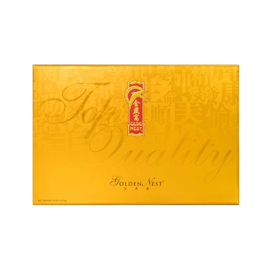 Box cover of Golden Nest's premium gold birds nest for sale with grade AAA and 227 grams. Food gifts for mom during holidays